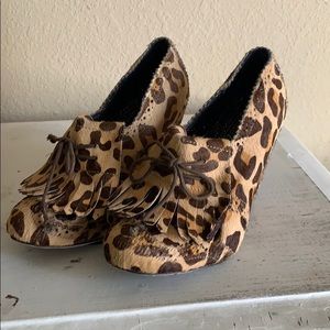 Irregular choice horse hair leopard wedges